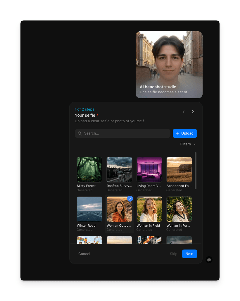 Morphic AI headshot studio workflow showing the selfie upload step
