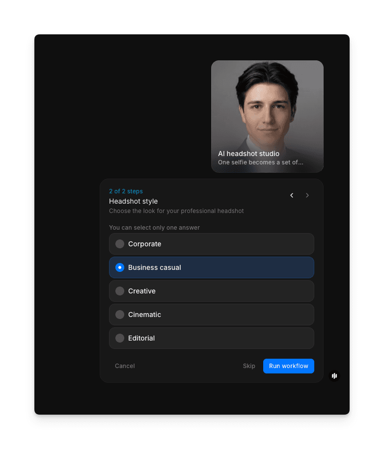 Headshot style selection screen with Corporate, Business casual, Creative, Cinematic, and Editorial options