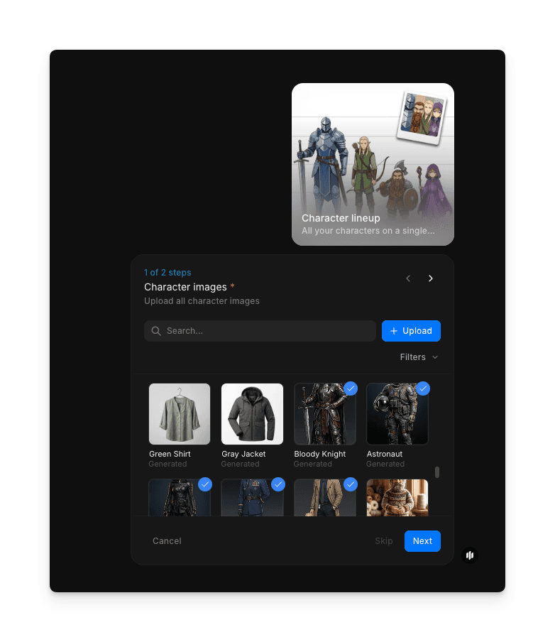 Morphic 캐릭터 라인업 워크플로우의 캐릭터 업로드 인터페이스
