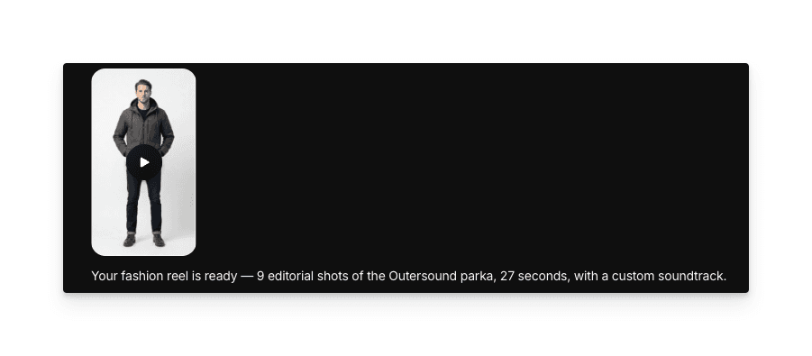スタイリングされた衣服ショットを示す生成されたファッションリールのプレビュー