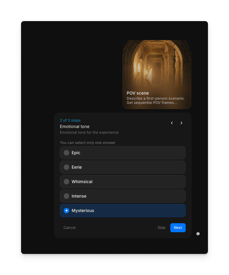 Emotional tone selection screen with epic, eerie, whimsical, intense, and mysterious options