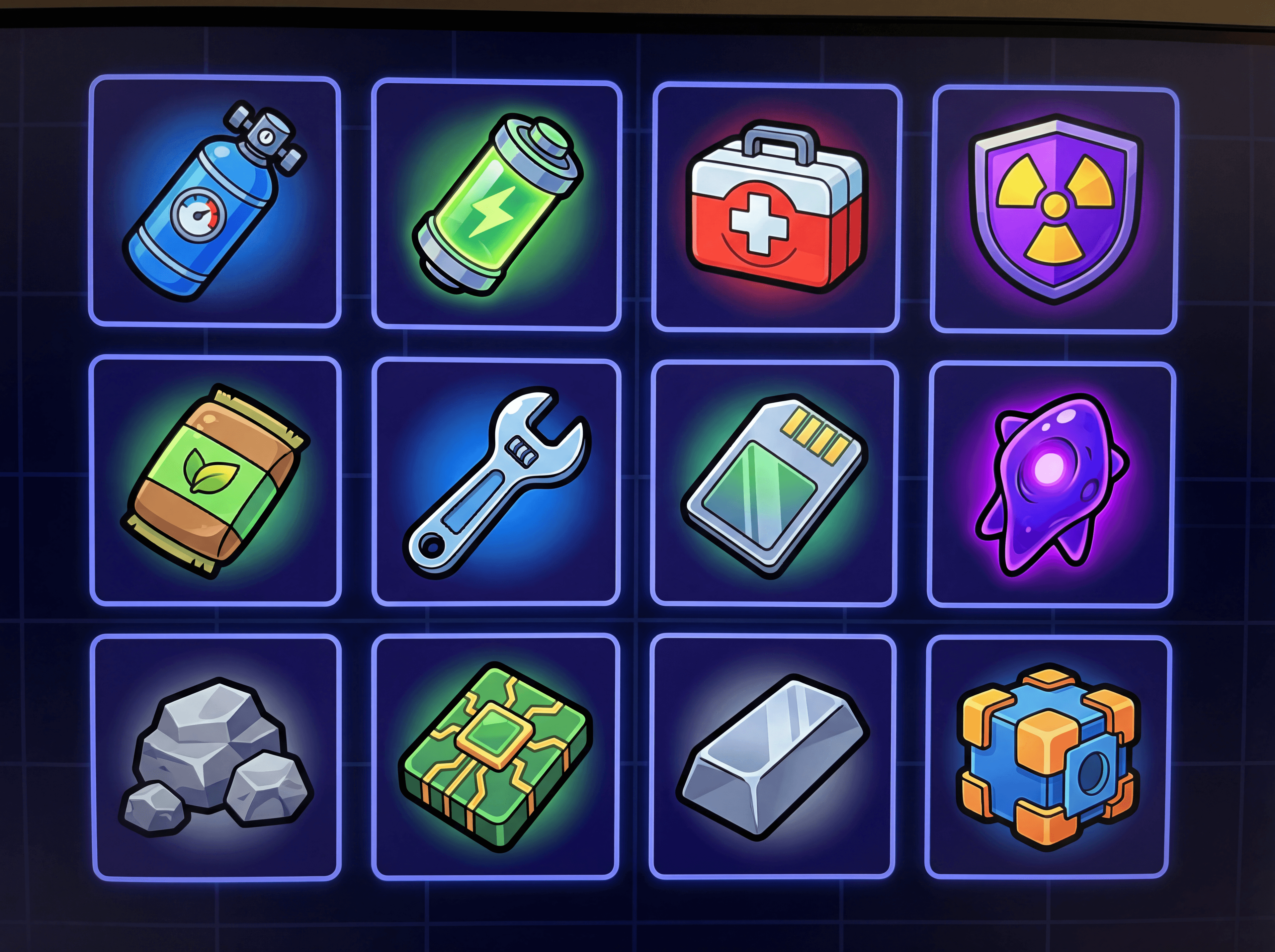 Final generated game icon sheet with 12 icons