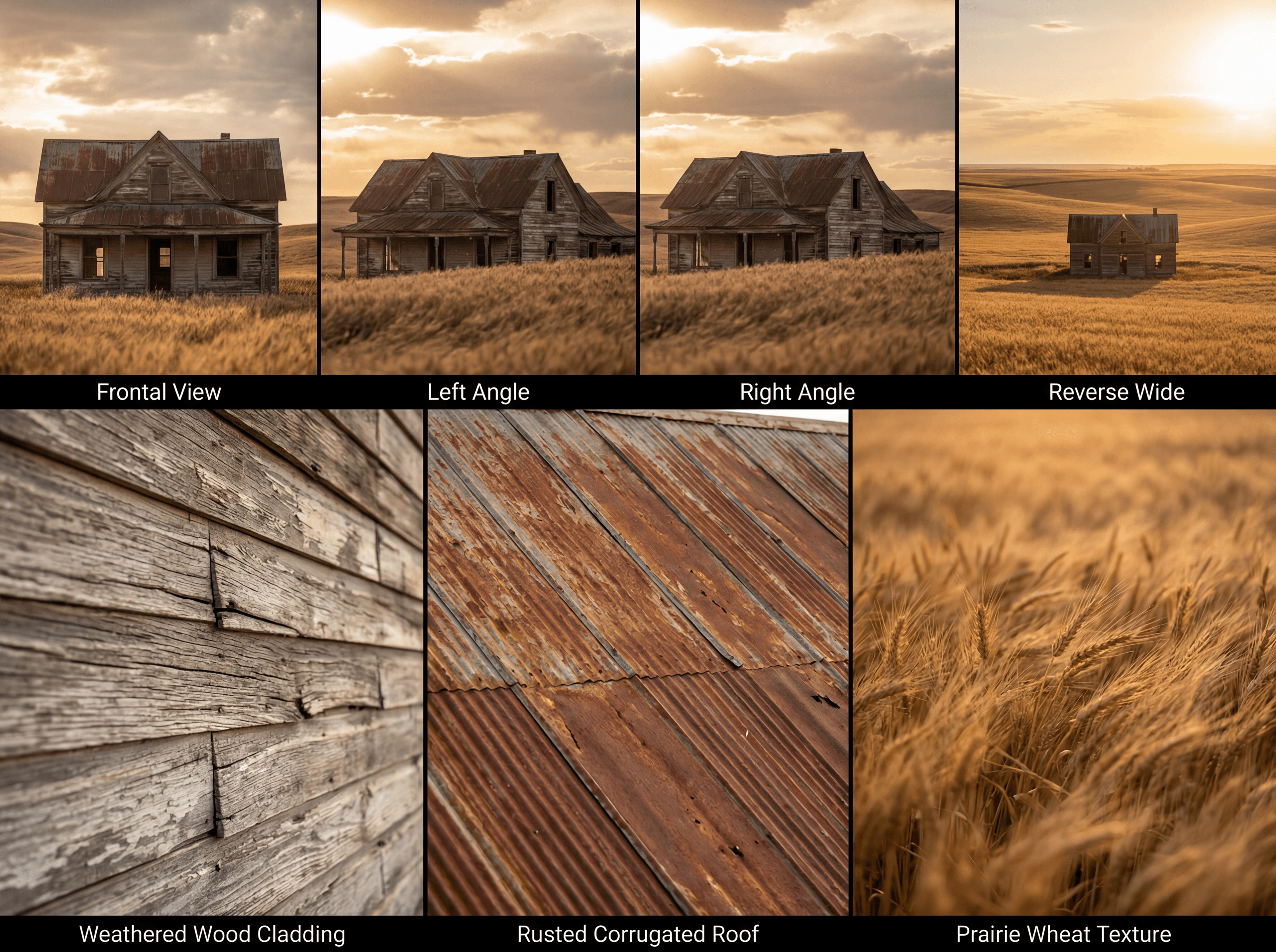 한 장의 사진에서 생성된 다양한 각도와 시점을 보여주는 최종 7패널 로케이션 레퍼런스 시트