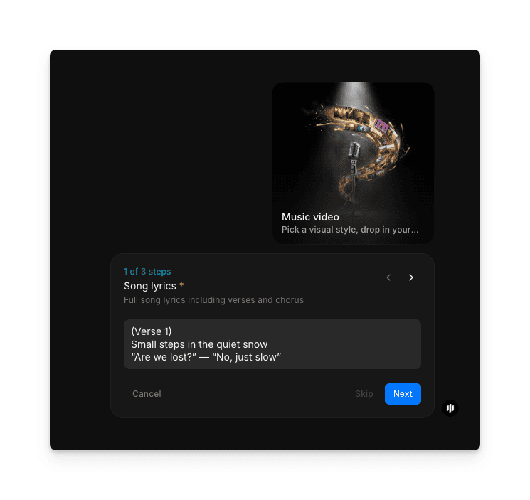 Champ de saisie des paroles et selection du style dans le workflow de clip musical Morphic
