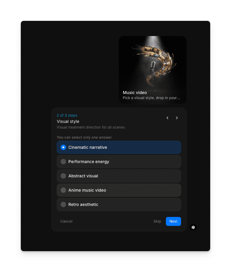 Options de styles visuels montrant cinematique, anime, abstrait, noir et retro dans le workflow de clip musical Morphic