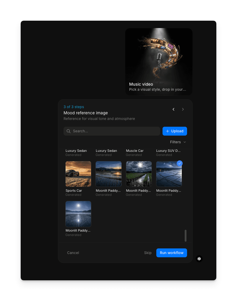 Ecran de generation dans le workflow de clip musical Morphic