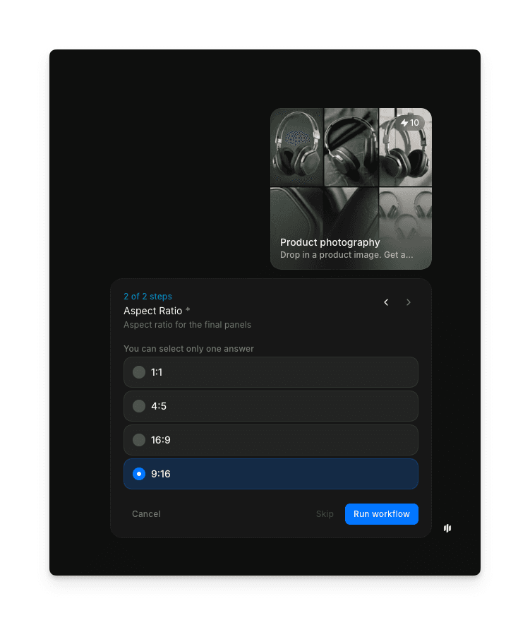 Aspect ratio selection and storyboard generation in the Morphic product photography workflow