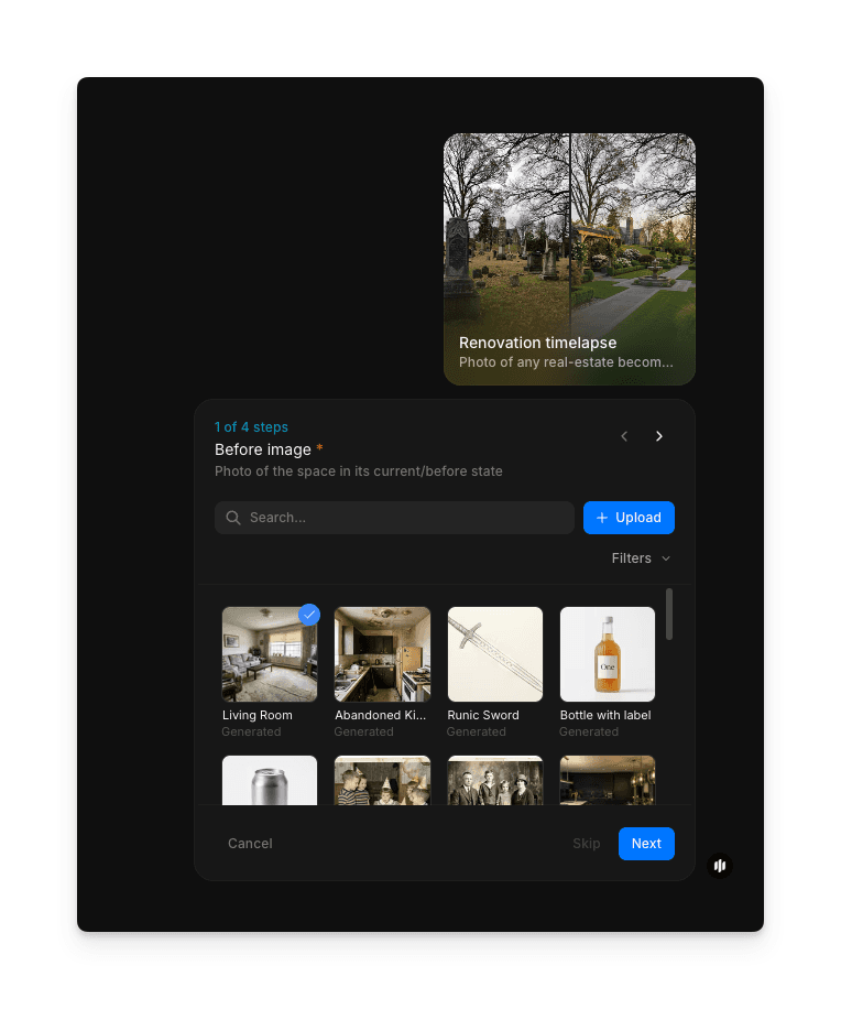 Morphic upload interface for renovation timelapse workflow