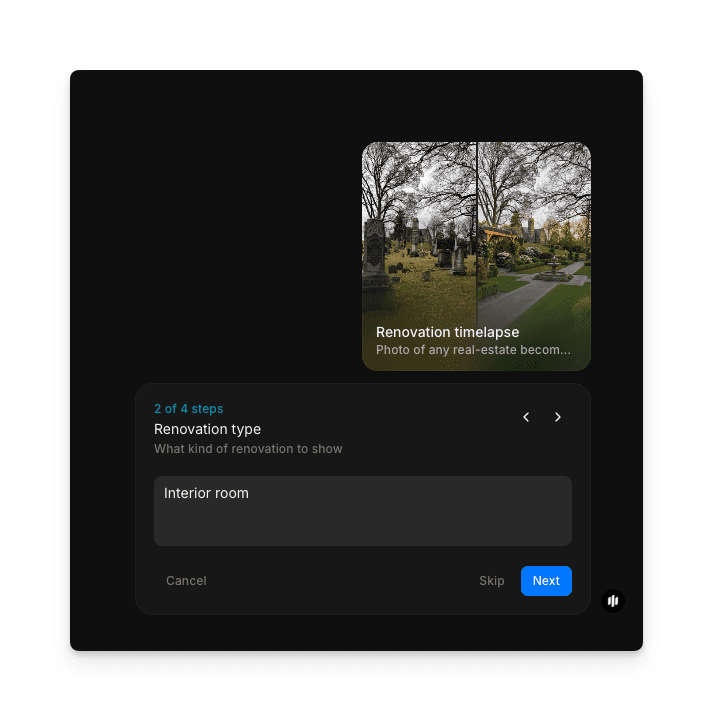 Renovation type selection screen with interior room and exterior facade options