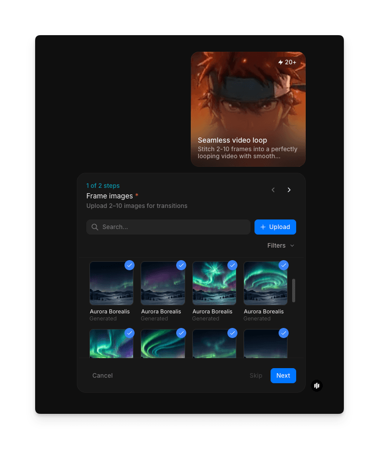 Morphic frame upload screen for seamless looping video workflow