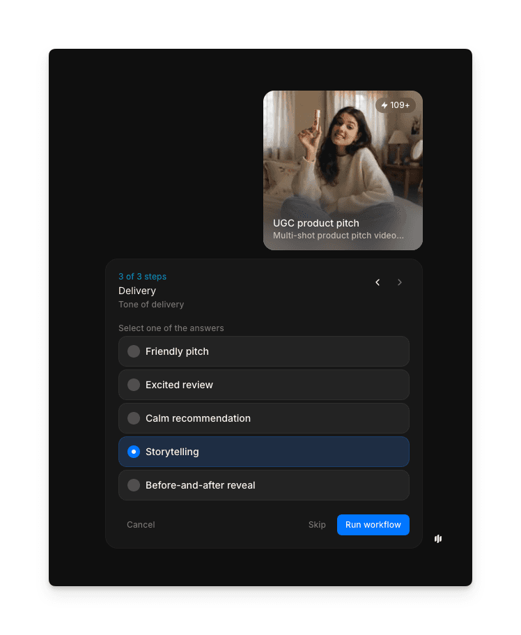 Delivery tone selection screen with friendly pitch, excited review, calm recommendation, storytelling, and before-and-after options