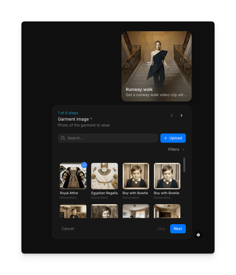 런웨이 워킹 워크플로우에서 의류와 모델 사진을 위한 Morphic 업로드 인터페이스