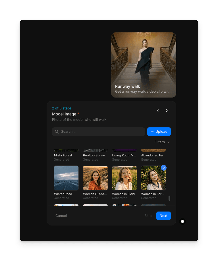 Model image step showing a searchable gallery and Upload button
