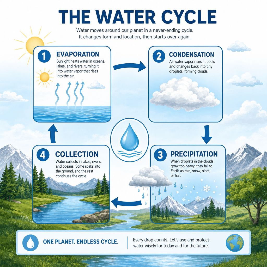 Sortie infographie de ChatGPT Images 2.0 : schéma du cycle de l'eau avec quatre étapes étiquetées et icônes éditoriales