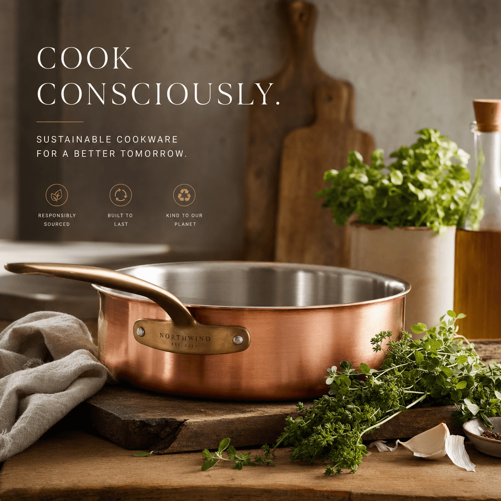 Sortie image héro de campagne de marque de ChatGPT Images 2.0 : marque d'ustensiles éco-responsables avec une poêle en cuivre brossé et des herbes fraîches