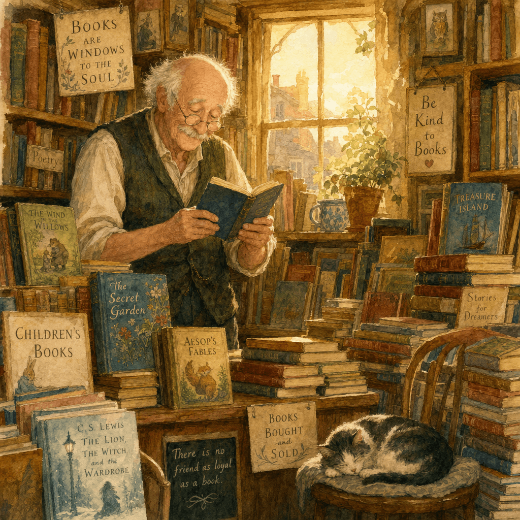 Sortie illustration aquarelle stylisée de ChatGPT Images 2.0 : libraire âgé dans une petite librairie, lumière de l'heure dorée