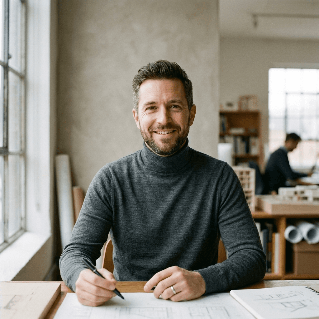 Sortie portrait photoréaliste de Nano Banana 2 : headshot éditorial d'un architecte de 35 ans, lumière naturelle de fenêtre, faible profondeur de champ