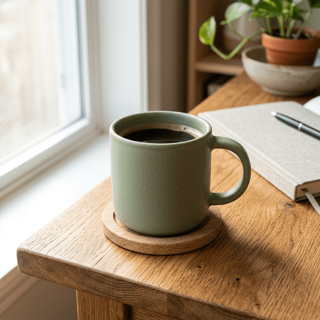 Sortie photo produit e-commerce de Nano Banana 2 : tasse à café en céramique mate sur un bureau en chêne, lumière douce du matin