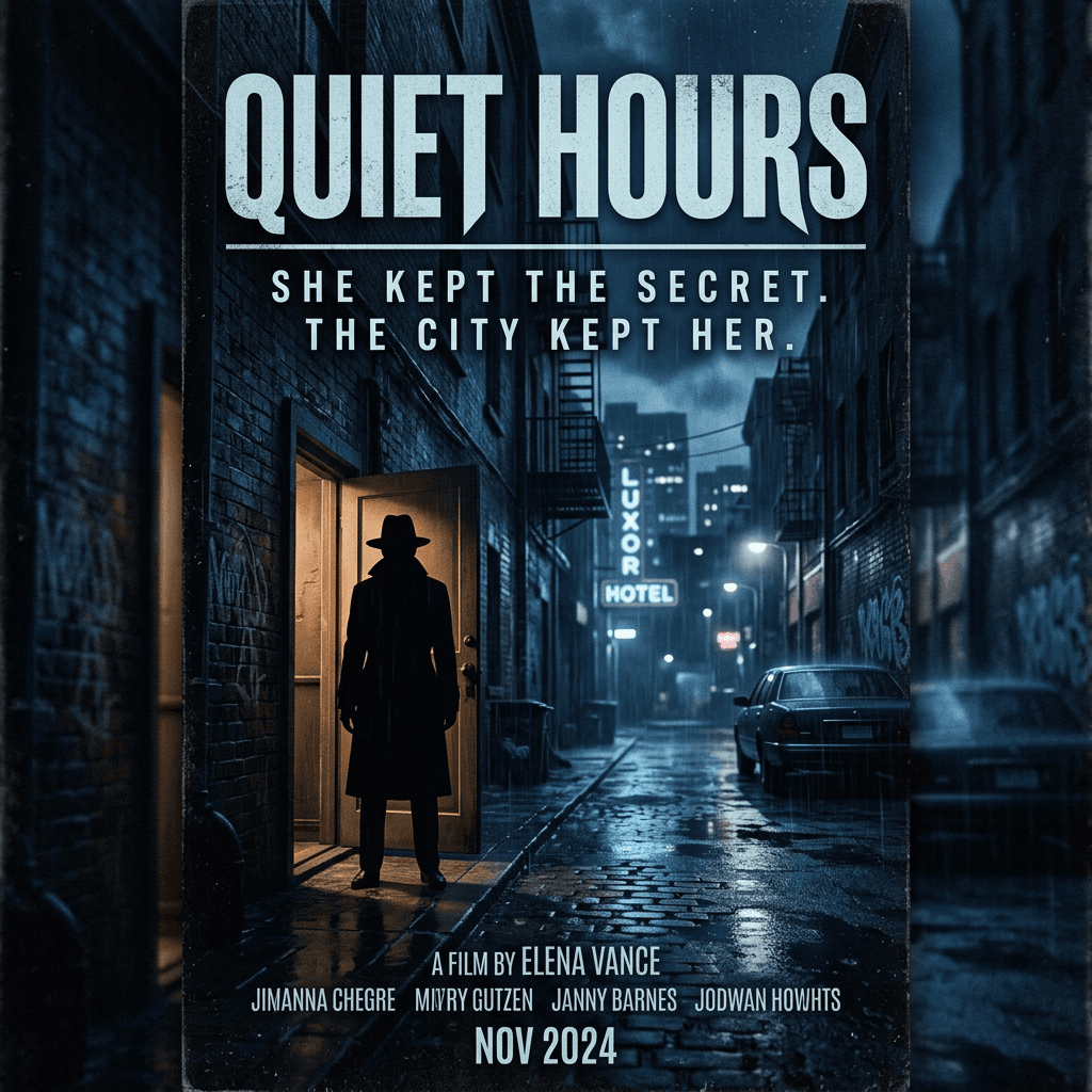 Sortie affiche de film de Nano Banana 2 : affiche néo-noire pour un film intitulé Quiet Hours, avec titre et tagline typographiques