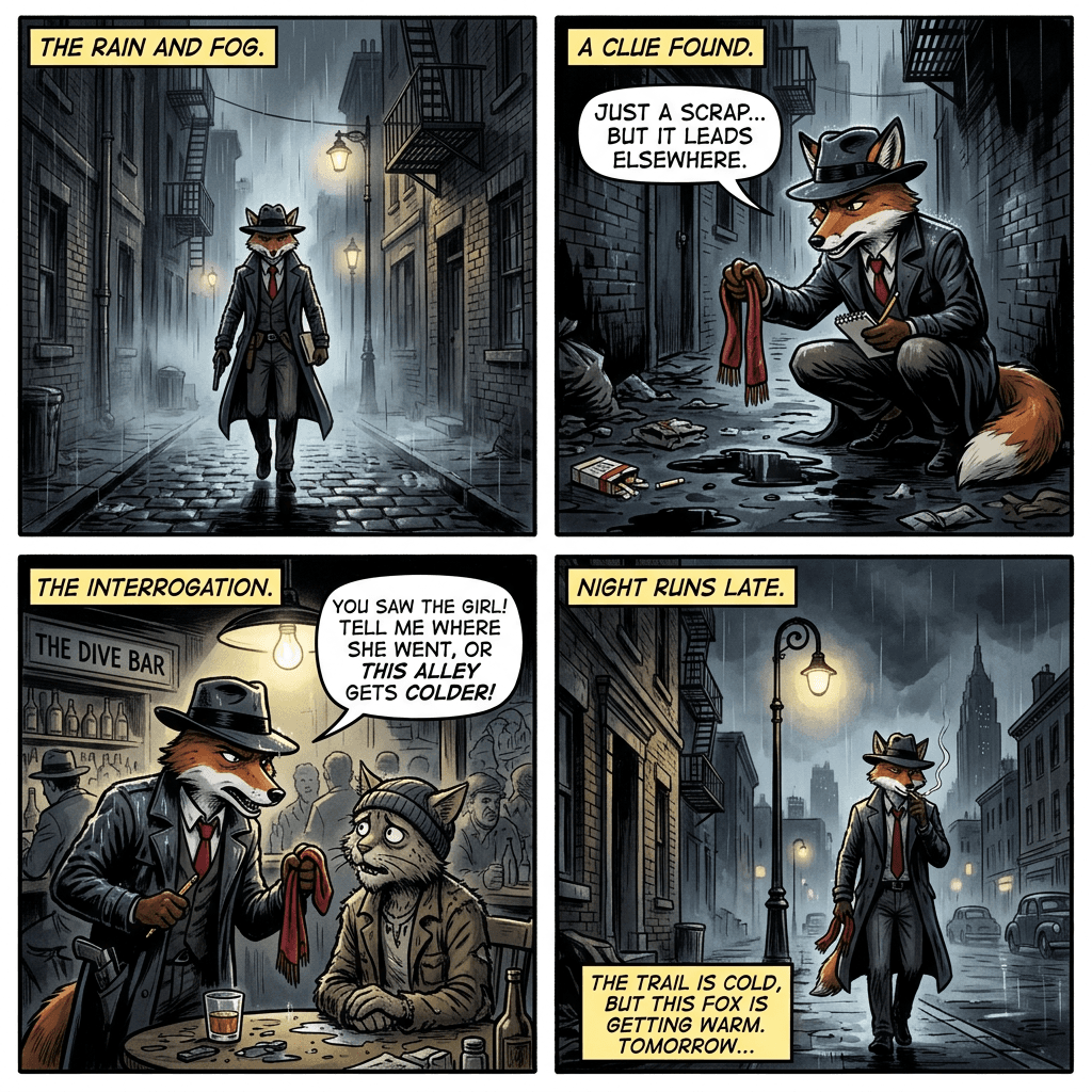 Sortie BD multi-panneaux de Nano Banana 2 : storyboard à quatre cases d'un détective renard dans une ville noire des années 1940