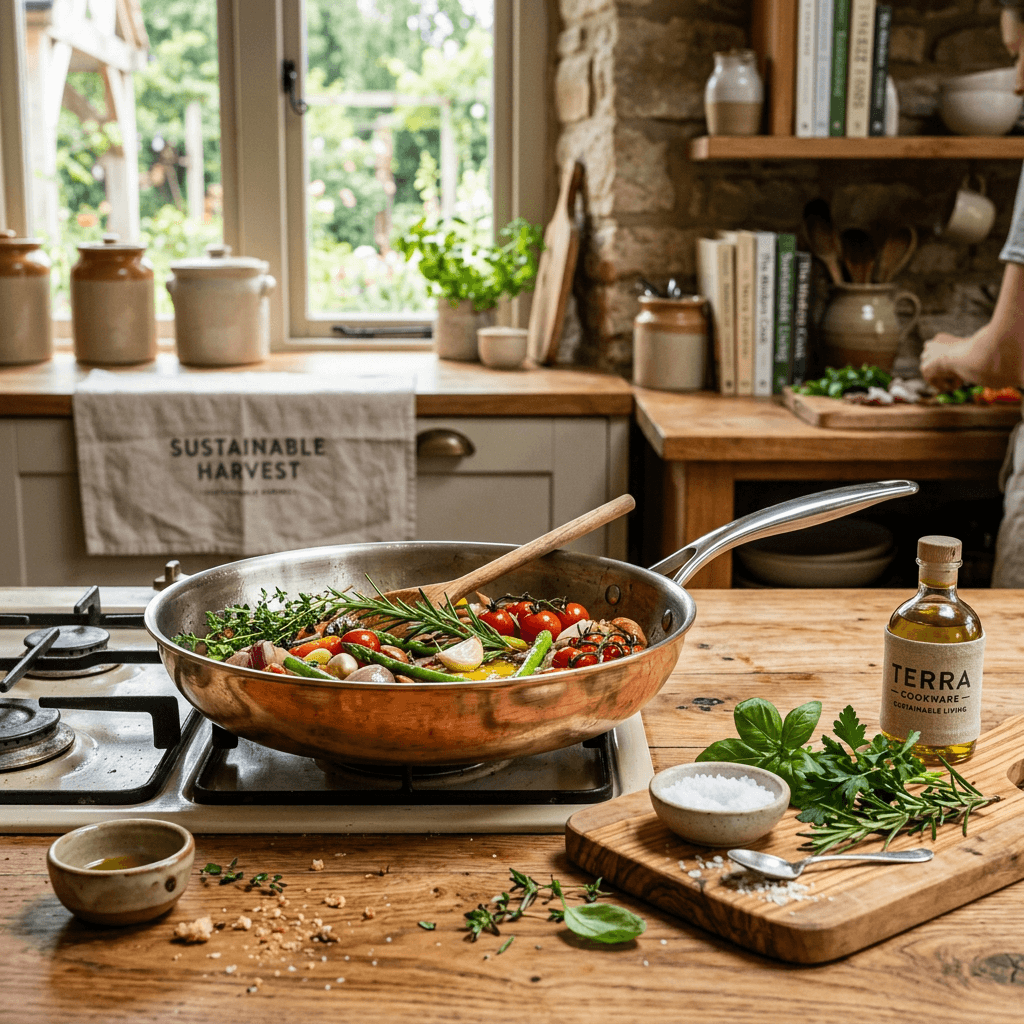 Sortie image héro de campagne de marque de Nano Banana 2 : marque d'ustensiles éco-responsables avec une poêle en cuivre brossé et des herbes fraîches