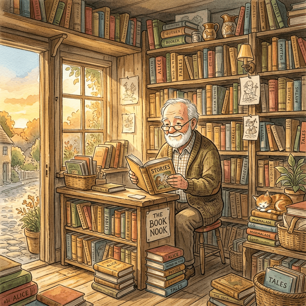 Sortie illustration aquarelle stylisée de Nano Banana 2 : libraire âgé dans une petite librairie, lumière de l'heure dorée