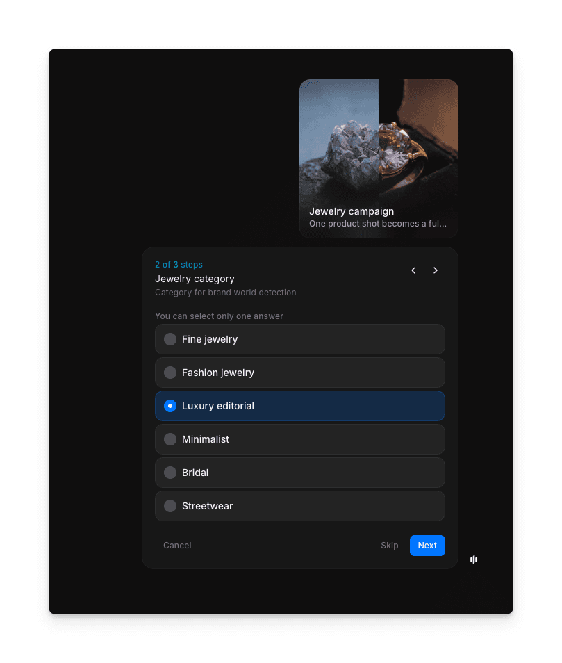 Morphicワークフローでのジュエリースタイル選択と商品写真アップロード