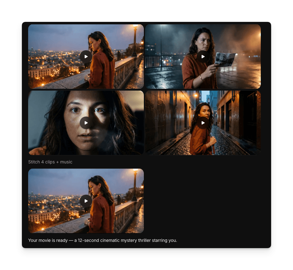 Grid of generated cinematic movie scenes featuring the uploaded photo