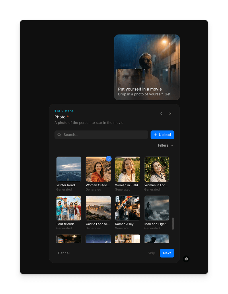 Morphic workflow gallery showing the put yourself in a movie template
