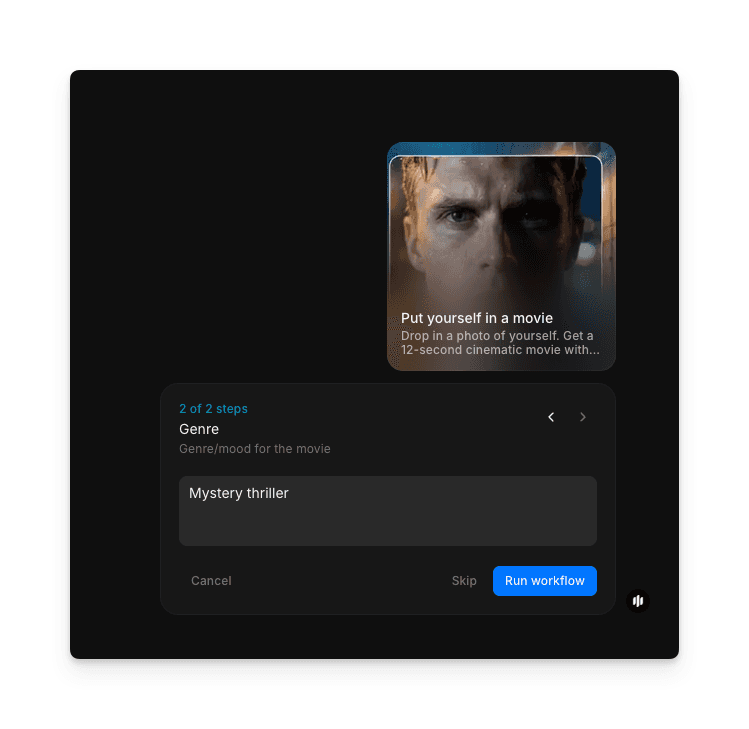 Scene and genre selection showing options like mystery thriller in the Morphic movie workflow