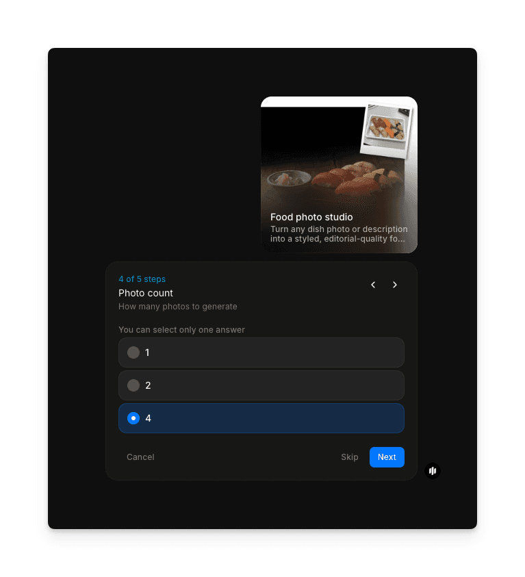 Photo count selection in the Morphic food photo studio