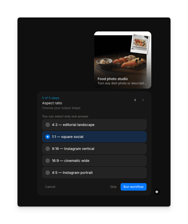 Aspect ratio selection and generate button in the Morphic food photo studio