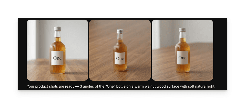 Photo de produit professionnelle générée avec éclairage studio sur la surface sélectionnée