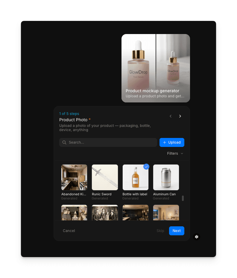 Écran de téléchargement d'image produit dans le générateur de maquettes produit Morphic