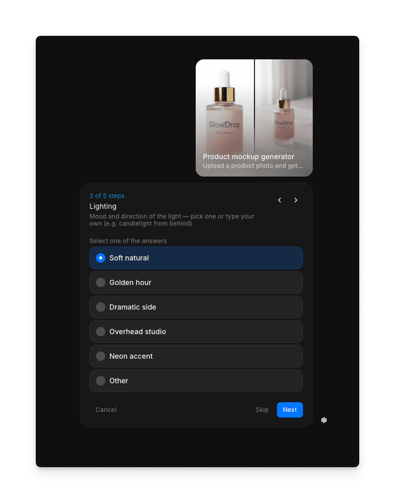 Écran de sélection du style d'éclairage avec options naturel doux, heure dorée, latéral dramatique, studio en plongée et néon