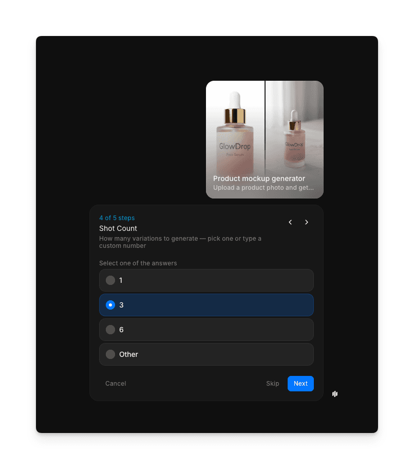 Sélection du nombre de prises montrant les options 1, 3, 6 et nombre personnalisé de photos produit