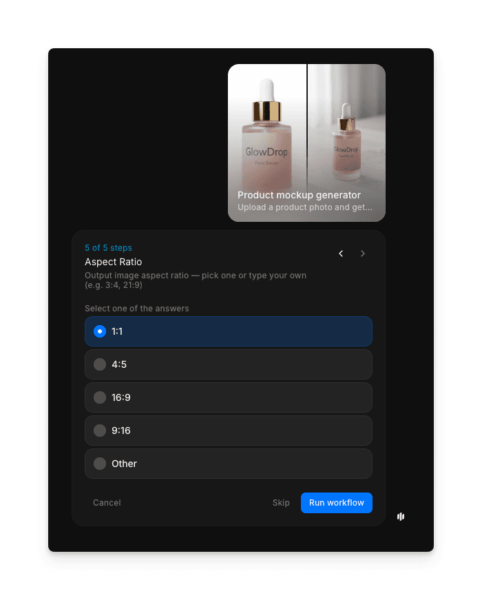 Écran de sélection du rapport d'aspect avec options 1:1, 4:5, 16:9 et personnalisé
