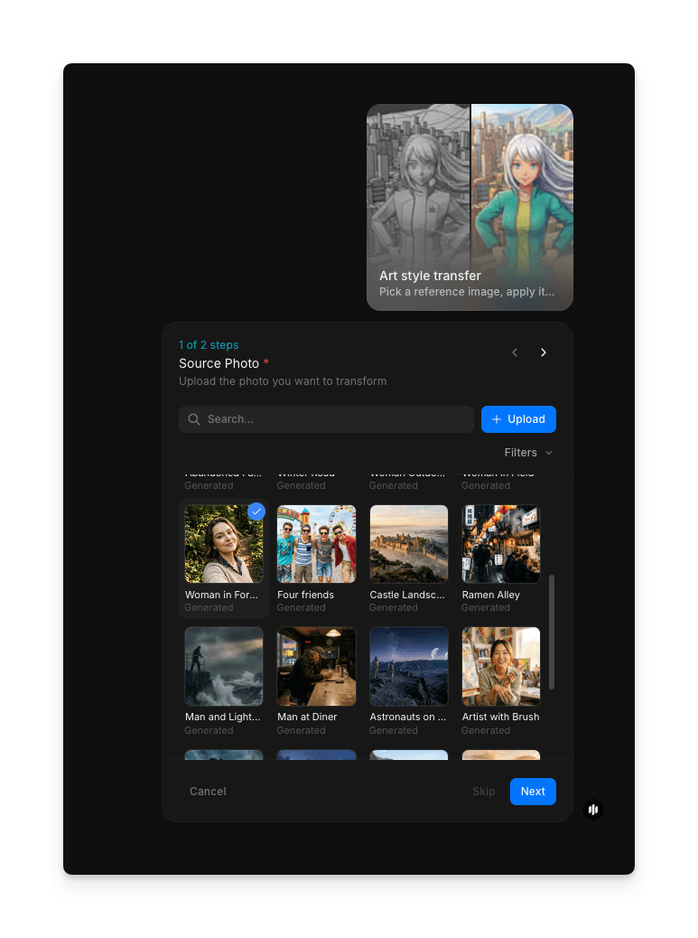 Morphic art style transfer workflow showing the source photo upload step