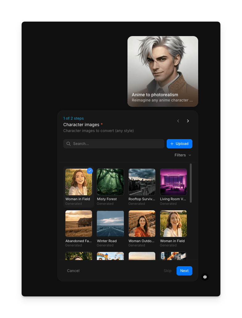 캐릭터 이미지 업로드 단계를 보여주는 Morphic 애니메 투 포토리얼리즘 워크플로우
