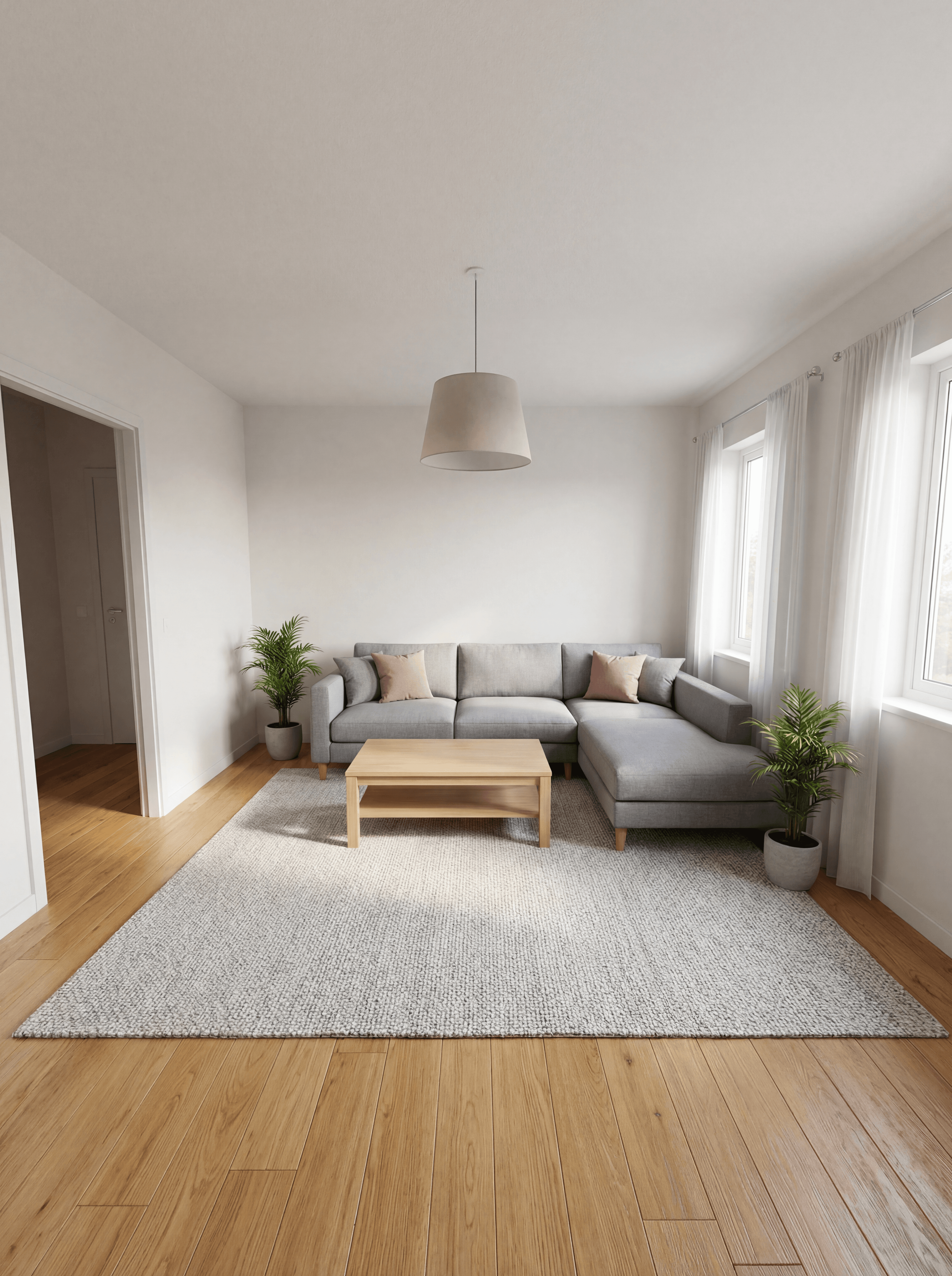 Photorealistic living room render generated from floor plan