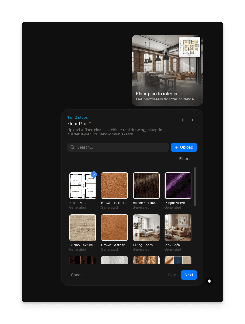 Morphic floor plan to interior workflow showing the upload interface
