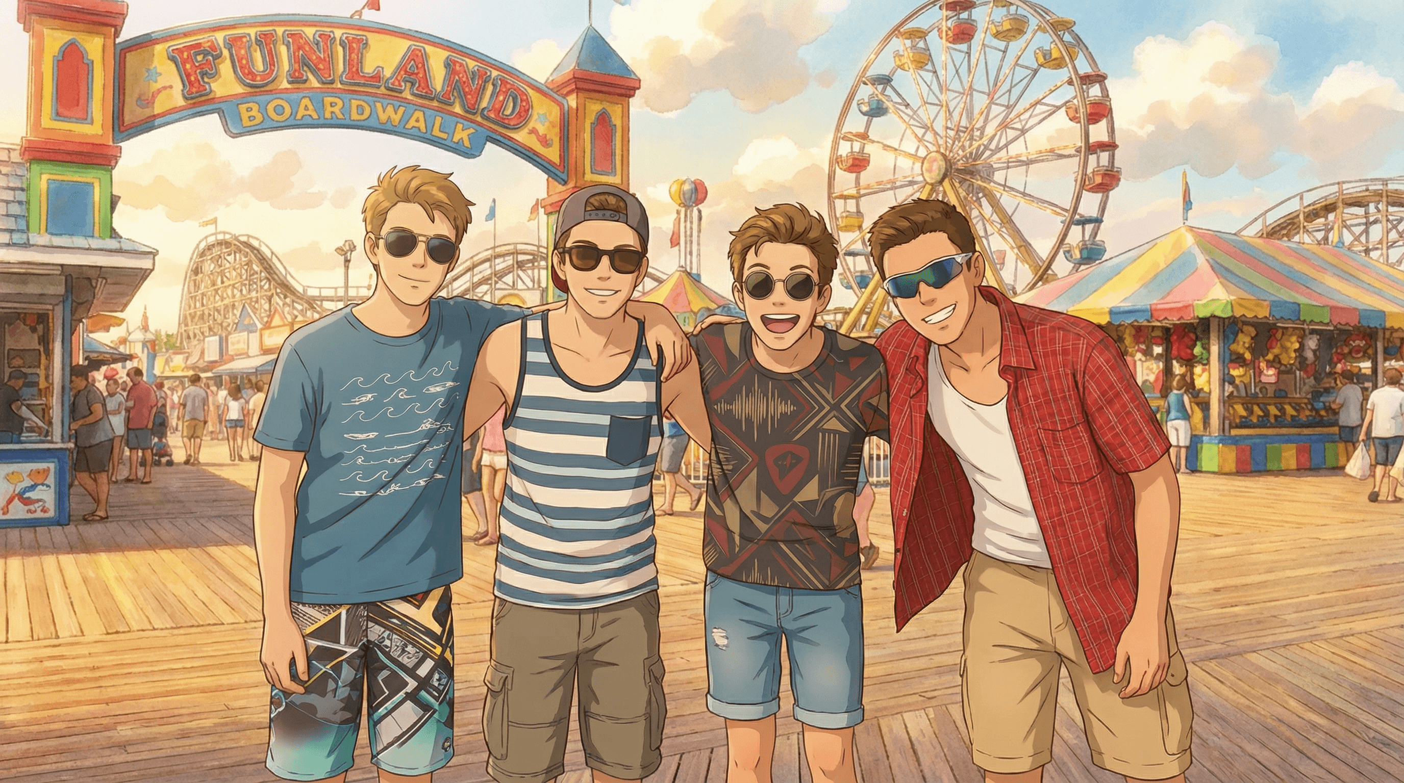 同一合照的动漫风格渲染，配有大胆轮廓线和鲜艳色彩