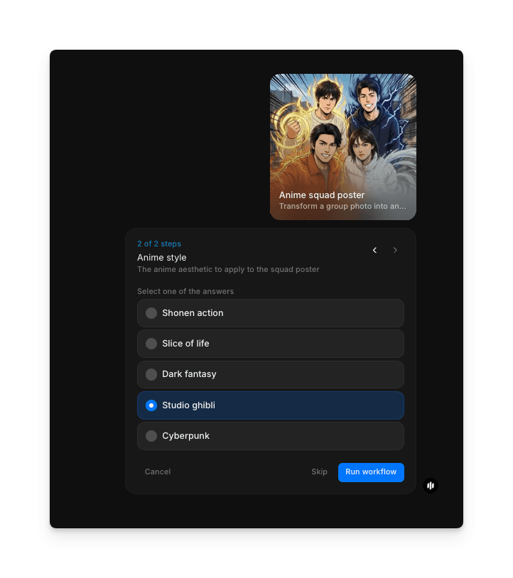 动漫风格选择界面，展示五个选项：少年热血、日常生活、暗黑奇幻、吉卜力工作室和赛博朋克
