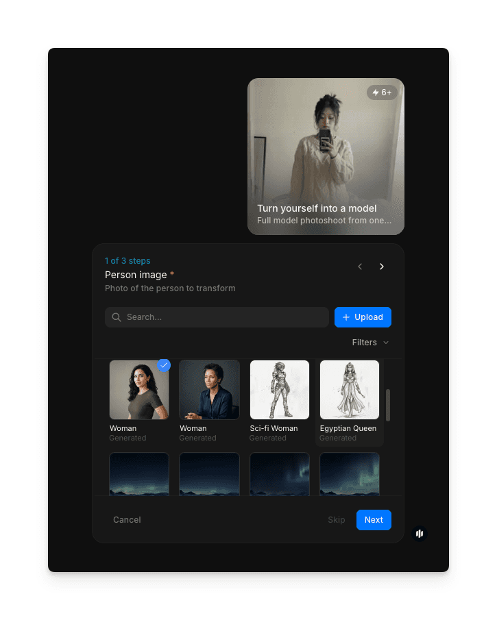 Morphic upload interface for AI model photoshoot workflow