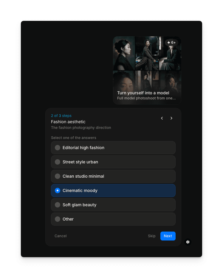 Fashion aesthetic selection screen with editorial, street style, studio, cinematic, and glam options