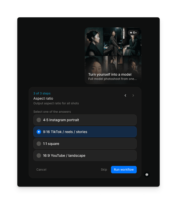 Output format selection screen with 4:5, 9:16, 1:1, and 16:9 options