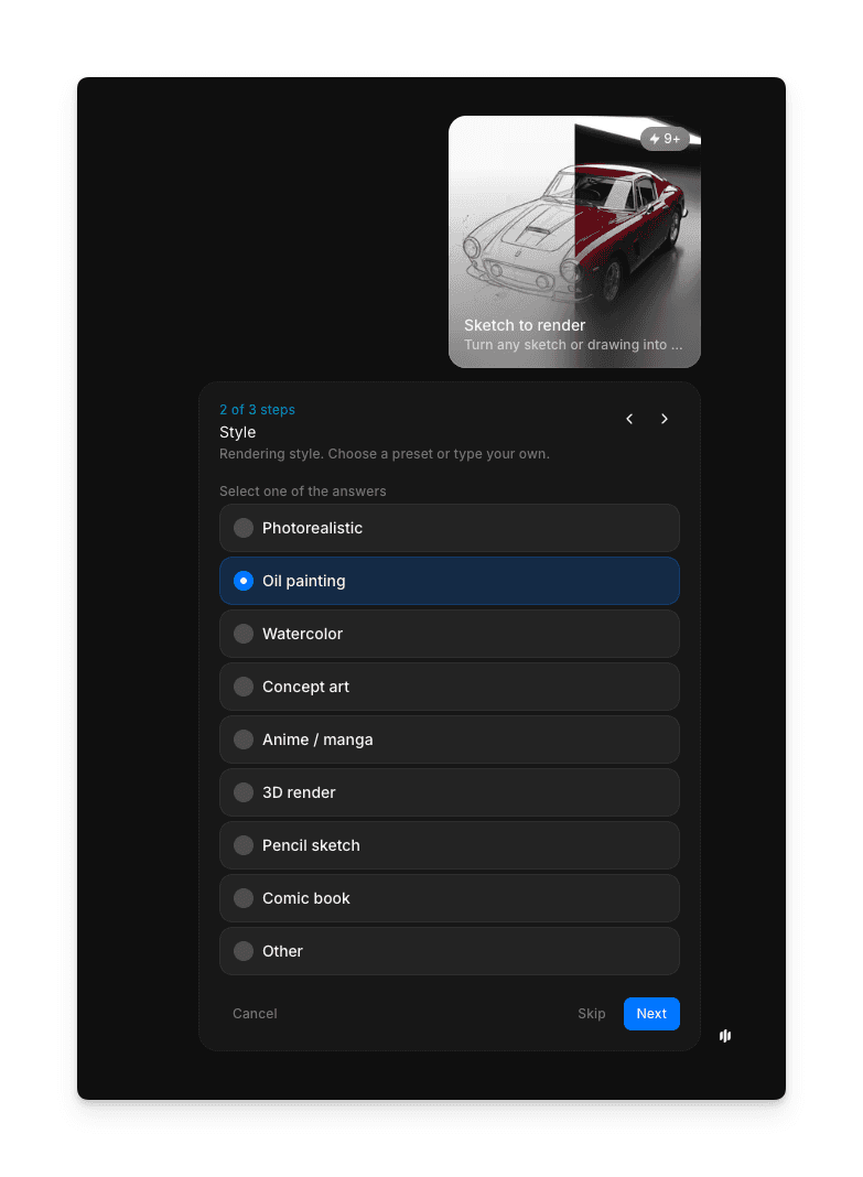 Rendering style selection screen with photorealistic, oil painting, watercolor, and 3D render options