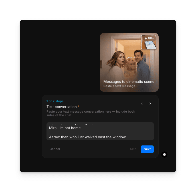 Morphic cinematic scene workflow showing conversation input and genre selection