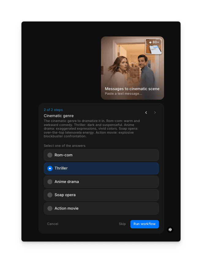 Morphic cinematic scene workflow showing genre confirmation and run button