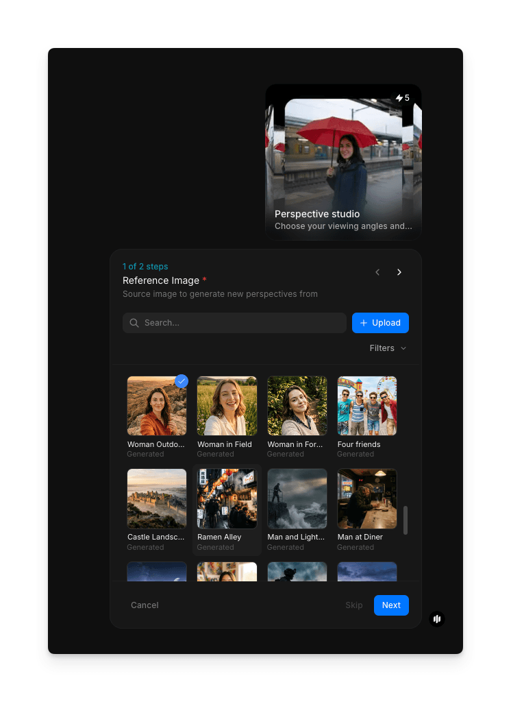 Morphic perspective studio workflow showing the image upload step